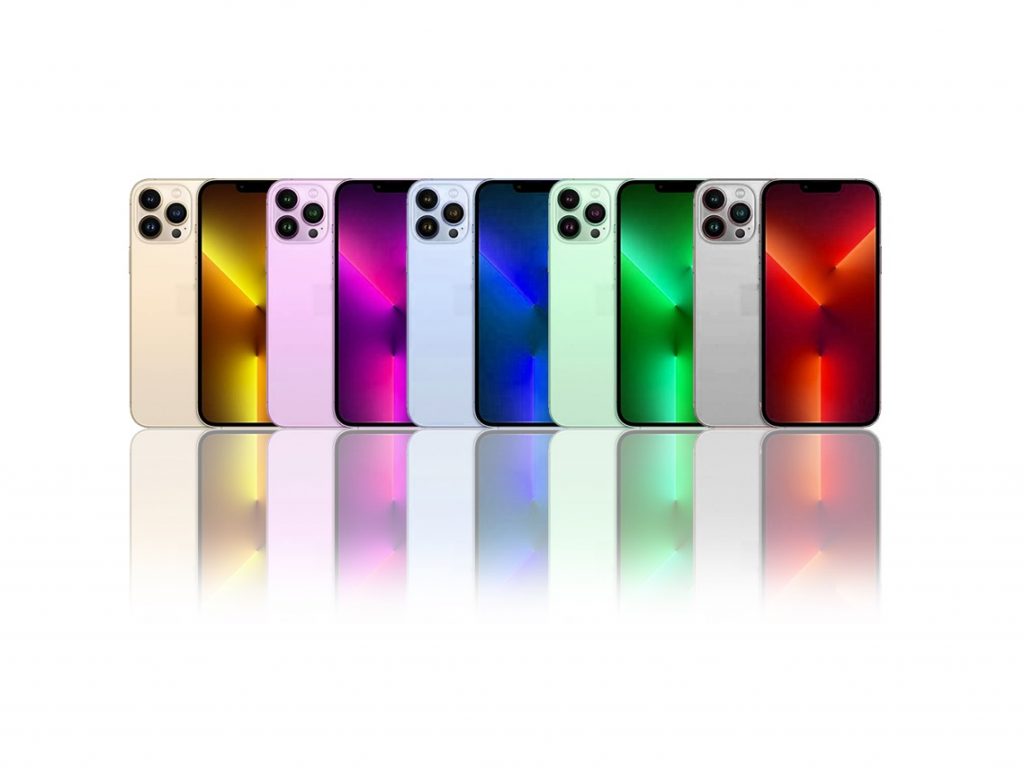 Image is a row of smart phones, all in different colors.