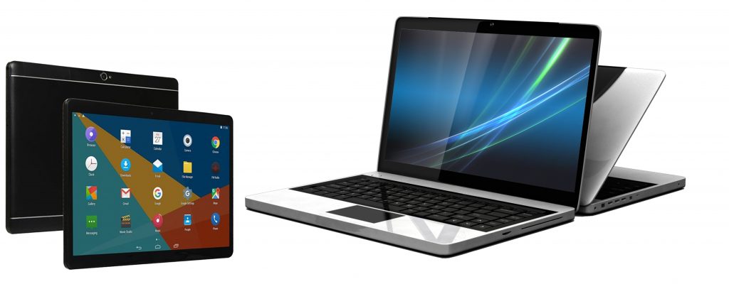 Image of a tablet next to a PC