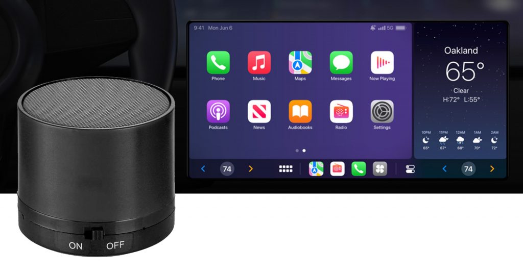 Image of a home voice assistant and an in car system.