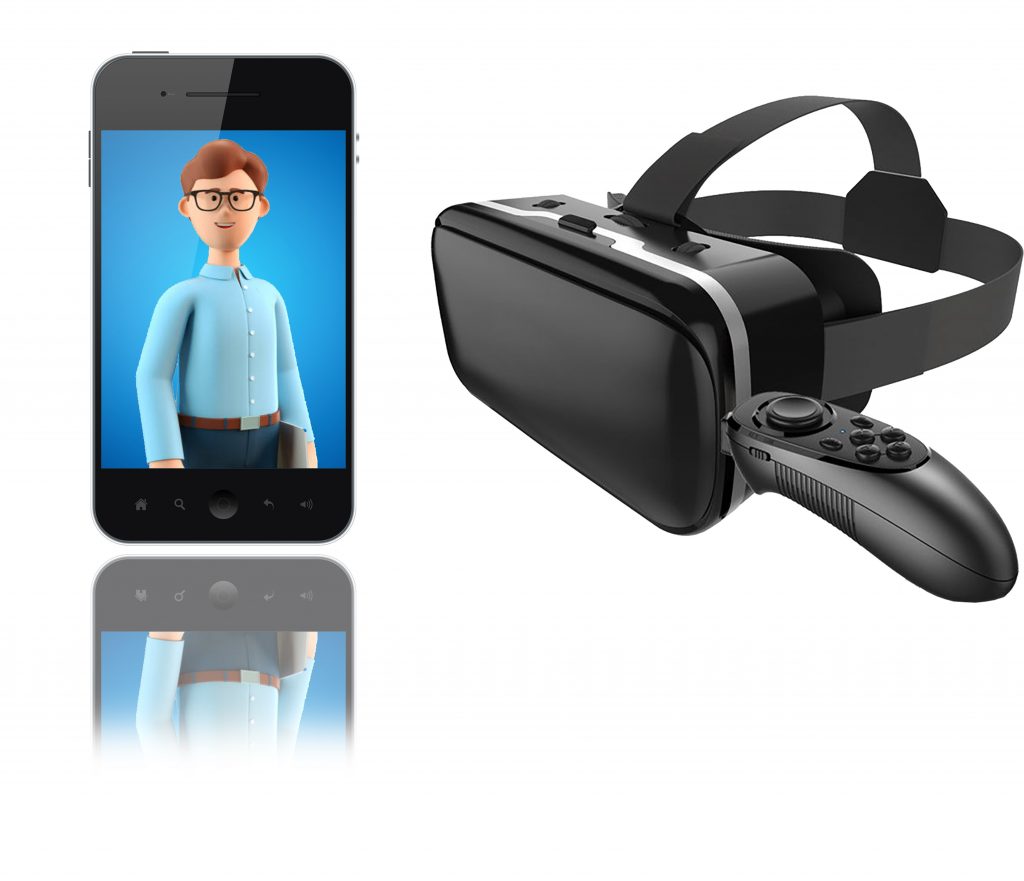 Images of a Virtual Reality Headset and a smartphone with an image of an Avatar on the screen