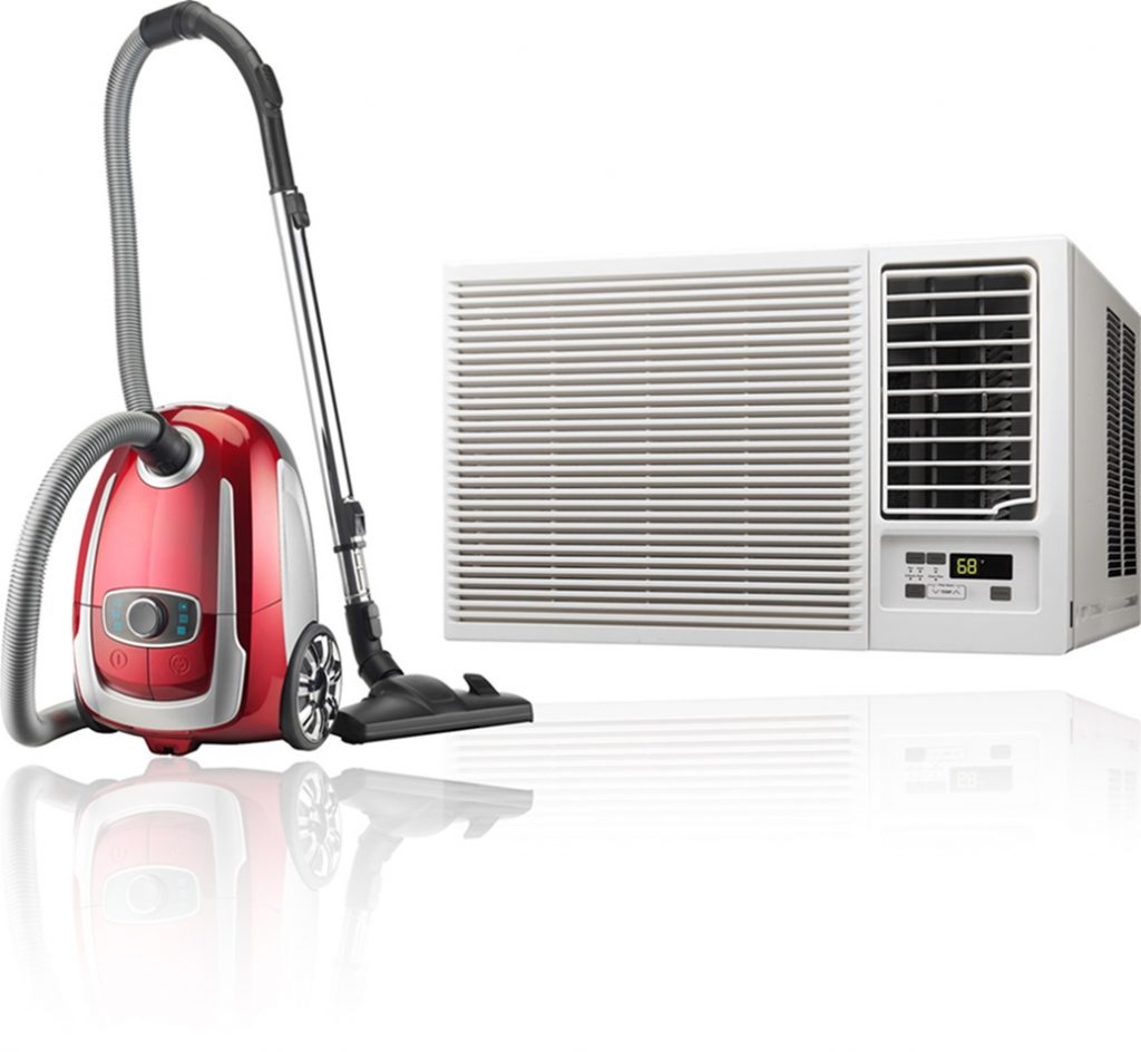 Images of a canister Vacuum and a room Air Conditioner.