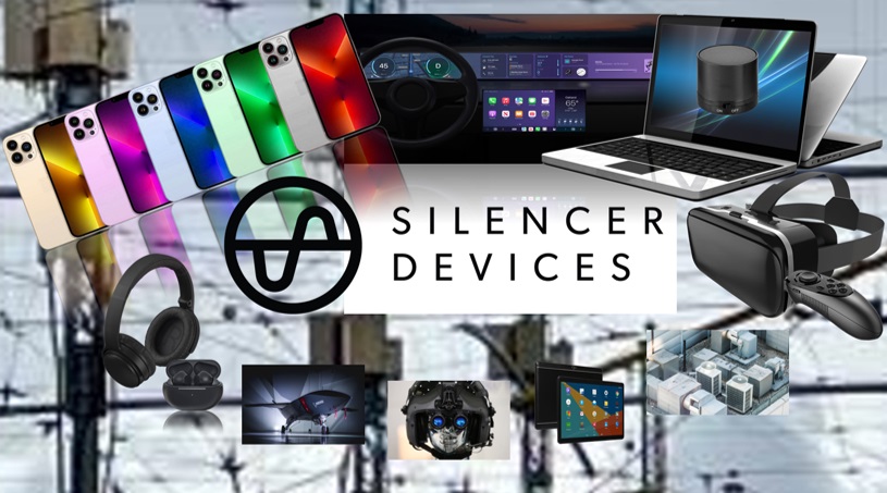 Silencer Devices logo in a collage of potential applications, including smart phone, headphones, earbuds, virtual reality goggles, laptops, voice assistants, tablets, HVAC, and more